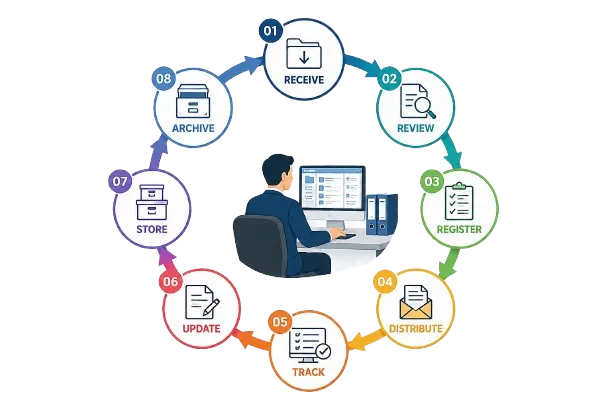 How to Become a Document Controller: Step-by-Step Career Guide (2026) Workflow process infographic with office worker 2